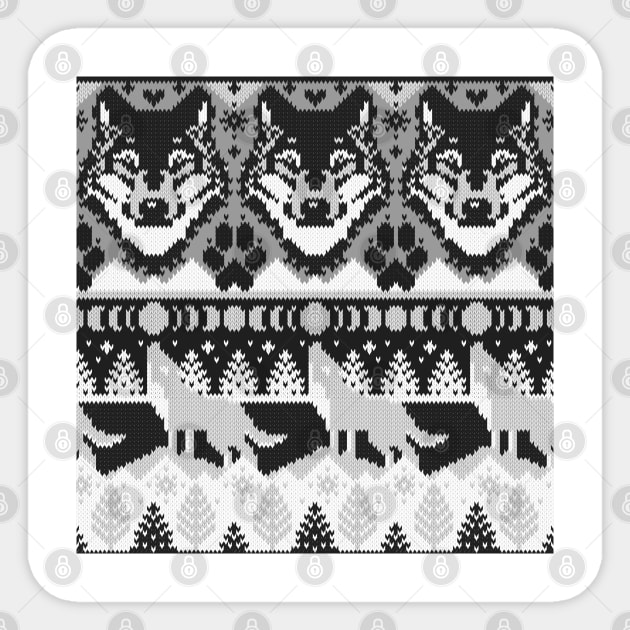 Fair isle knitting grey wolf // pattern // black and white wolves moons and pine trees Sticker by SelmaCardoso